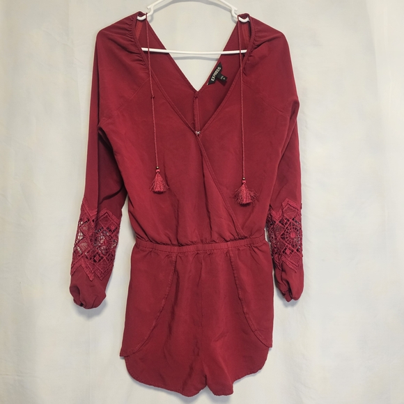 Express Pants - Express Burgundy Romper with Lace Sleeves Women's Small